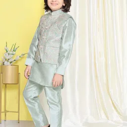 AJ Dezines Kids Green Embroidered Full Sleeves Kurta Set image 5