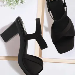 XE Looks Women Black Open Toe Block Heel Sandals with Ankle Strap image 5
