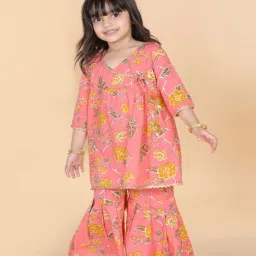 AJ Dezines Kids Peach Cotton Floral Print Kurta Set image 5
