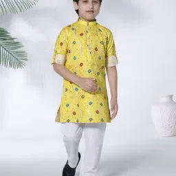 Ministitch Boys Yellow Cotton Regular Fit Printed Kurta Set-image-96
