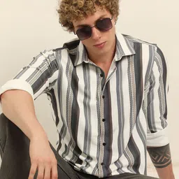 Bushirt Men Classic Fit Vertical Striped Spread Collar Casual Shirt-picture-12