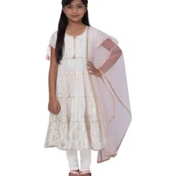 BIBA Girls Off White Cotton Zari Work Anarkali & Churidar With Dupatta-image-48