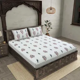 JaipurFabric White Cotton 180 TC Double Bedsheet with 2 Pillow Covers image 2