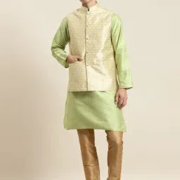 Sojanya Green & Beige Regular Fit Self Pattern Kurta Set With Jacket-image-47
