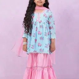 BIBA Girls Blue & Pink Floral Print Kurta, Sharara with Dupatta-picture-38