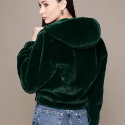 Label Ritu Kumar Emerald Green Solid Hooded Jacket image 2