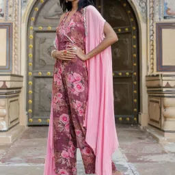 Scakhi Mauve Crepe Silk Floral-Solid Jumpsuit With Cape image 2
