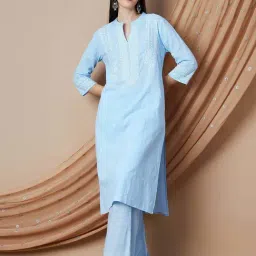 Melange by Lifestyle Blue Cotton Embroidered Straight Kurta-image-11