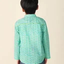 Fabindia Kids Green Printed Full Sleeves Short Kurta image 2