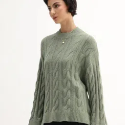 RAREISM Olive Relaxed Fit Woven Design Sweater image 2
