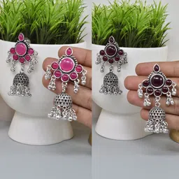 MEIRA JEWELLERY Set Of 2 German Silver Plated Stones Studded & Beaded Dome Shaped Jhumkas-image-84