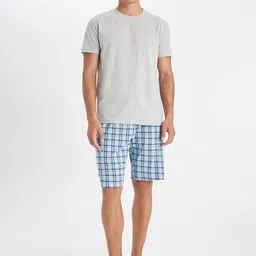 DeFacto Checked Round Neck Short Sleeves Pure Cotton T-Shirt With Shorts image 1