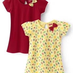 Babyhug 100% Cotton Single Jersey Knit Half Sleeves Frock With Bow Applique & Leaf Print Pack Of 2 - Yellow & Red-picture-35