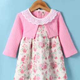 ToffyHouse Knit Full Sleeves Floral Printed Frock - Cream image 1