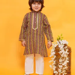 AJ Dezines Pure Cotton Full Sleeves Abstract Printed & Lace Embellished Kurta Pyjama Set - Multi Colour-picture-37