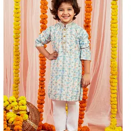 Vastramay Cotton Full Sleeves Abstract Printed & Embroidered Kurta & Pyjama Set - Aqua Blue-picture-12