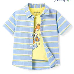 Babyoye 100% Cotton Woven Half Sleeves Striped Shirt with Animal Printed T-Shirt - Light Blue & Yellow-picture-16