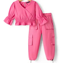 Pine Kids Poplin Woven Full Sleeves Solid Top & Lounge Pant Set - Dark Pink-picture-10