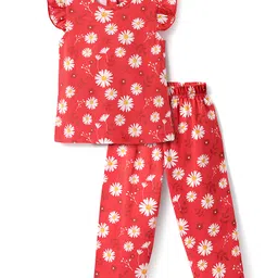 Babyhug Cotton Knit Half Sleeves Co-ord Night Suit with Floral Print - Red-picture-21