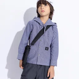 Taffykids 100% Cotton Full Sleeves Emoji Face Patch Detailed Hooded Shirt - Grey & Blue-picture-13