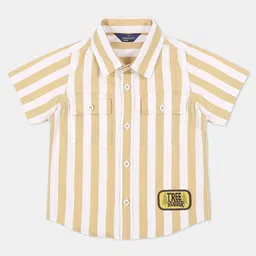 INFINITY Cotton Woven Half Sleeves Striped Patch Embroidered Shirt - Khaki-picture-16