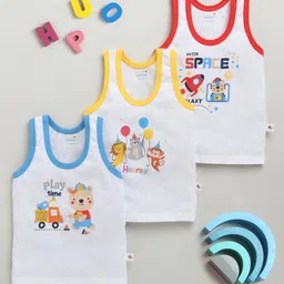 BUMZEE Cotton Pack Of 3 Sleeveless Space Theme & Baby Animals Printed Vests - White-picture-22