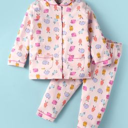 CUCUMBER Sinker Knit Full Sleeves Co-Ord Night Suit with With Animal Print - Pink-picture-48