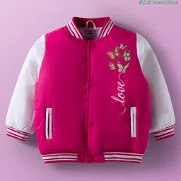 Babyoye Woven Full Sleeves Bomber Jacket with Butterfly Print - Dark Pink & White-picture-20