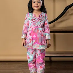 READIPRINT Cotton Woven Full Sleeves Floral Printed & Embroidered WIth Gota Lace Embellished Kurti Pant Set - Pink-picture-28