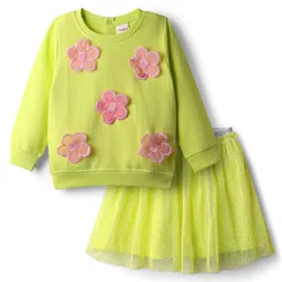 Babyhug Terry Knit Full Sleeves Top & Skirt Set with Floral Applique - Limegreen-picture-16