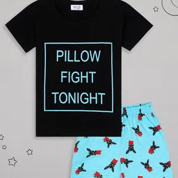 Sheer Love Cotton Jersey Knit Half Sleeves Pillow Fight Tonight Text Printed Tee & Shorts Night Suit Set - Black & Light Blue-picture-28