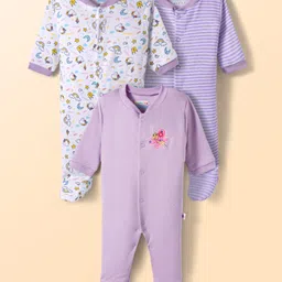BUMZEE Cotton Knit Full Sleeves Footed Sleepsuits with Stripes & Rainbow Print Pack of 3 - Lavender & White-picture-19