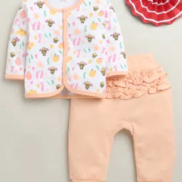 BUMZEE Cotton Knit Full Sleeves Bees & Floral Printed Night Suit Set - Peach & White-image-87
