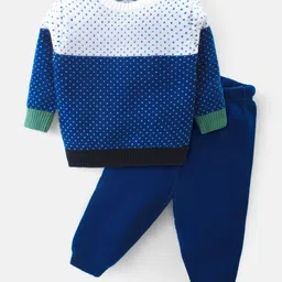 Babyhug Knitted Full Sleeves Colourblock Sweater Set  - Blue White & Green image 2