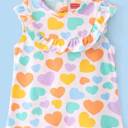 Babyhug Cotton Knit Sleeveless Top with Heart Print & Frill Detailing - Multicolor image 2
