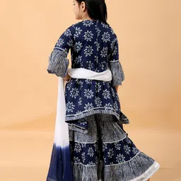 MASTARANG Cotton Woven Half Bell Sleeves Floral Printed & Embroidered Gota Lace Embellished Kurta Sharara With Dupatta Set - Indigo image 3