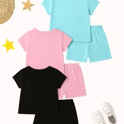 KUCHIPOO Cotton Knit Pack Of 3 Half Sleeves Cute Animals & Heart Printed Tees & Coordinating Shorts Set - Black Pink & Teal Blue image 3