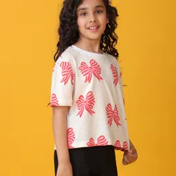 Anthrilo Cotton Half Sleeves Bow Printed Tee - White image 4