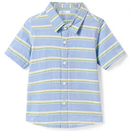 Babyoye 100% Cotton Woven Half Sleeves Striped Shirt with Animal Printed T-Shirt - Light Blue & Yellow image 4