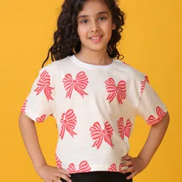 Anthrilo Cotton Half Sleeves Bow Printed Tee - White image 5