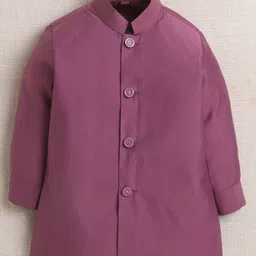 Ahhaaaa Viscose Woven Full Sleeves Solid Kurta Pant With Ethnic Printed Nehru Jacket & Mala Set - Plum image 5