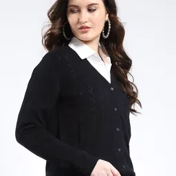 Monte Carlo Women Solid Self Design Button Detail V neck Cardigan image 5