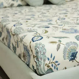 Srijee Decors Off White & Green Floral 250 TC Fitted King Bedsheet With 2 Pillow Covers image 2