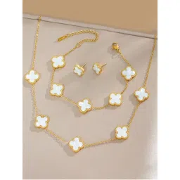 Designs & You Stainless Steel Gold Plated White Anti Tarnish Clover Jewellery Set-picture-20