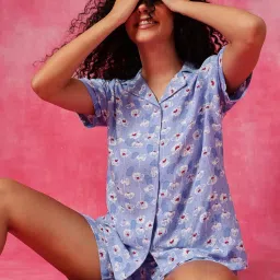 Clovia Blue Rayon Printed Button-Down Shirt and Shorts-image-7