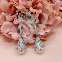 Ruh By Ruchi Tandon Rhodium-Plated Crystals Studded & Pearls Beaded Teardrop Drop Earrings-picture-13