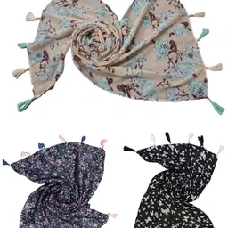 POSHAMPAA be desi Women Pack of 3 Printed Scarf With Tasselled-image-1