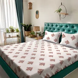 KLOTTHE Cream-Colored & Brown Floral 300 TC Fitted Double King Bedsheet - 2.50 m x 2.25 m-picture-17