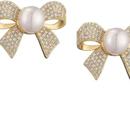 Celestique Zircon Studded And Pearls Beaded Bow Shaped Studs image 2