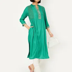 max Geometric Embroidered Smocked Mandarin Collar A-Line Kurta image 2